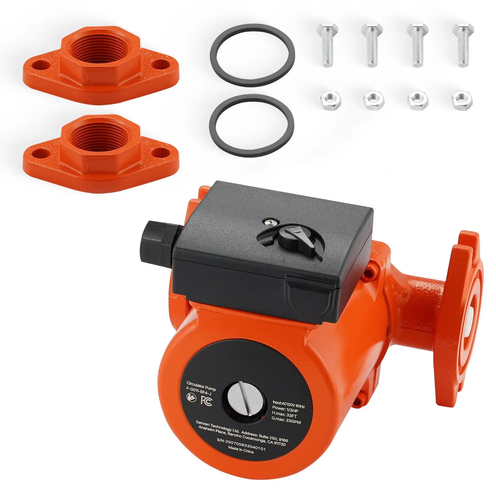 F-0011-BF4-J Cast Iron Circulator Pump, 33 GPM, AC 120V 33 ft Hot Water Recirculating Circulation Pump, 1-1/4 in Flange Connection, 3-Speed Adjustment, Quiet Operation, for Home Heating System