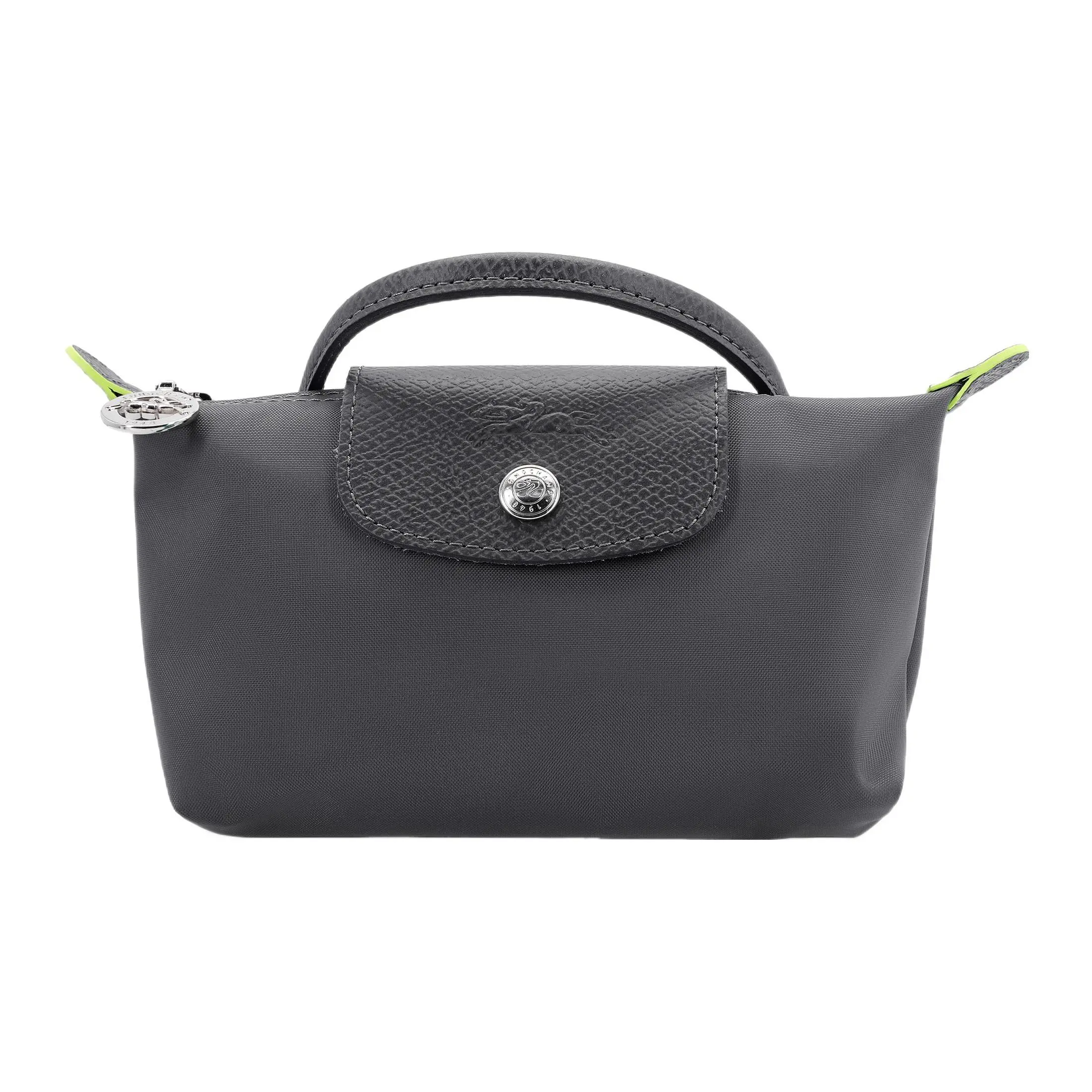 Longchamp Le Pliage Green 17 Cosmetic Bag for Women, Solid Color with Zip and Snap Closure, Calfskin Trim, Graphite Gray