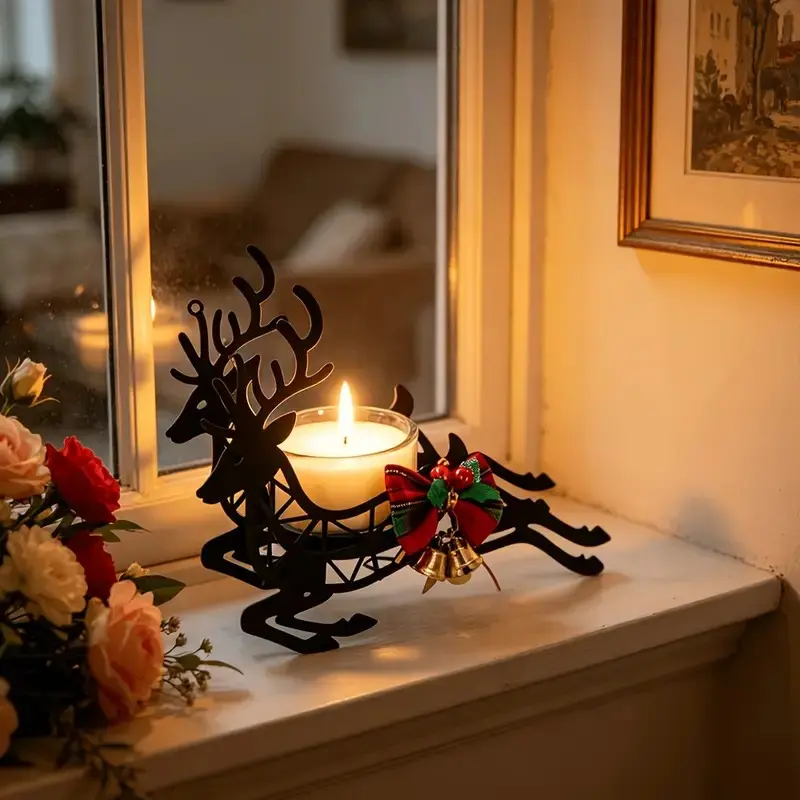 Iron Art Christmas Sleigh Bell Candle Holder, DIY Deer Bowknot, Fragrance Diffuser, Perfect for Bedroom, Living Room, Bathroom, Kitchen