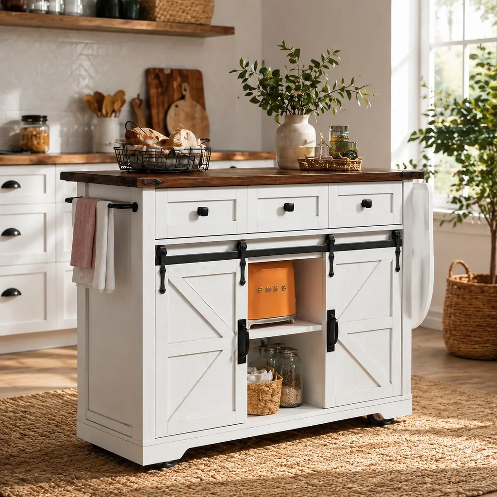 ARCH K&K 53.7" Farmhouse Kitchen Island with Power Outlet, 2 Sliding Barn Doors, Drop Leaf, Spice Rack, Rolling Wheels, White Modern Storage Cabinet