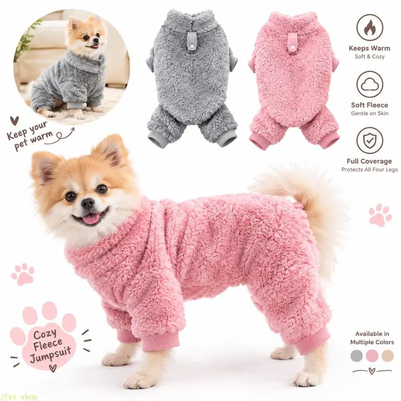 Soft Flannel Dog Jumpsuit Winter Warm Pet Clothes Four Legs Puppy Cat Coat with Leash Ring Fleece Pet Pajamas for Small Dogs Cats Pink Grey Apricot