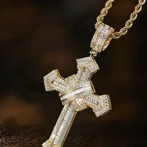 Men's Trendy Hip-hop Accessory Fully Paved Copper-set Zircon Cross Necklaces Distinctive Style Iced Out Bling Cross Pendant Matching Twisted Chain Classic Streetwear Fashion Necklaces For Male Daily Party Club