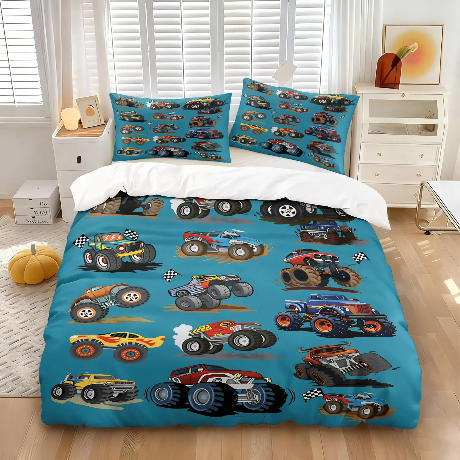 Kids Racing Monster Truck Duvet Cover Set, Include 1 Comforter Cover and 1/2 Pillowcases, Colorful Big Wheel Offroad Car Checkered Race Flag Print Teal Blue Quilt Cover, Cool Vehicle Themed Bedding, Lightweight Soft Fabric, Breathable Bed Cover