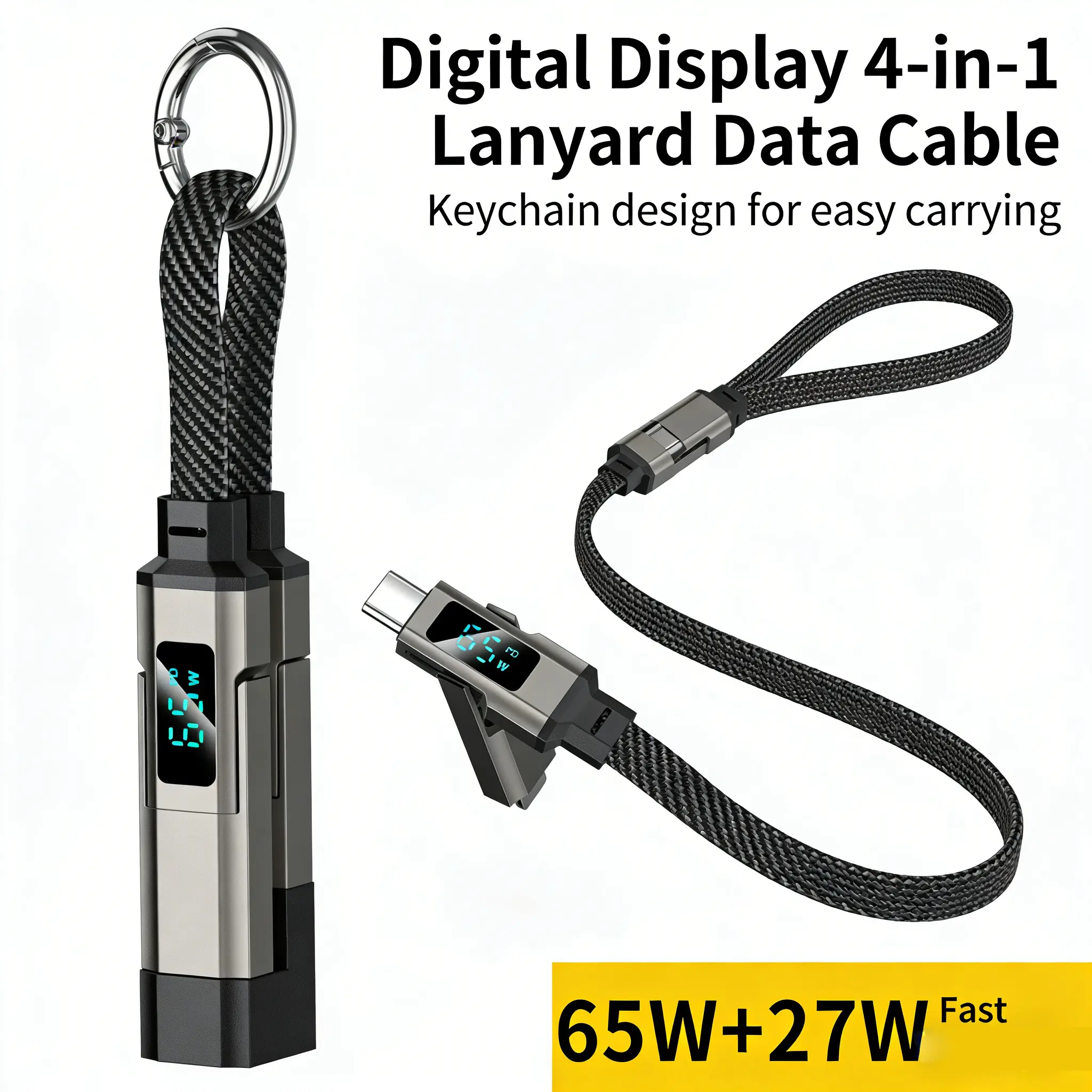 4-in-1 Braided Fiber USB-C Keychain Lanyard Data Cable with Digital Screen LED Display, PD Fast Charge Cord for iPhone 17, Samsung Galaxy A17 Mobile Phones, 4-In-1 Cable