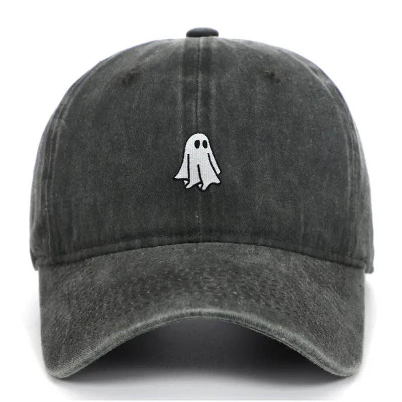 Unisex 3D Ghost Embroidered Baseball Cap - Casual Wear, Fitted Cut, Soft Fabric, Windproof, Vintage Washed Brim, All-Season Sun Hat, Ideal for Daily Outdoor & Halloween Costume Party Accessory black panel bb funny fit protection