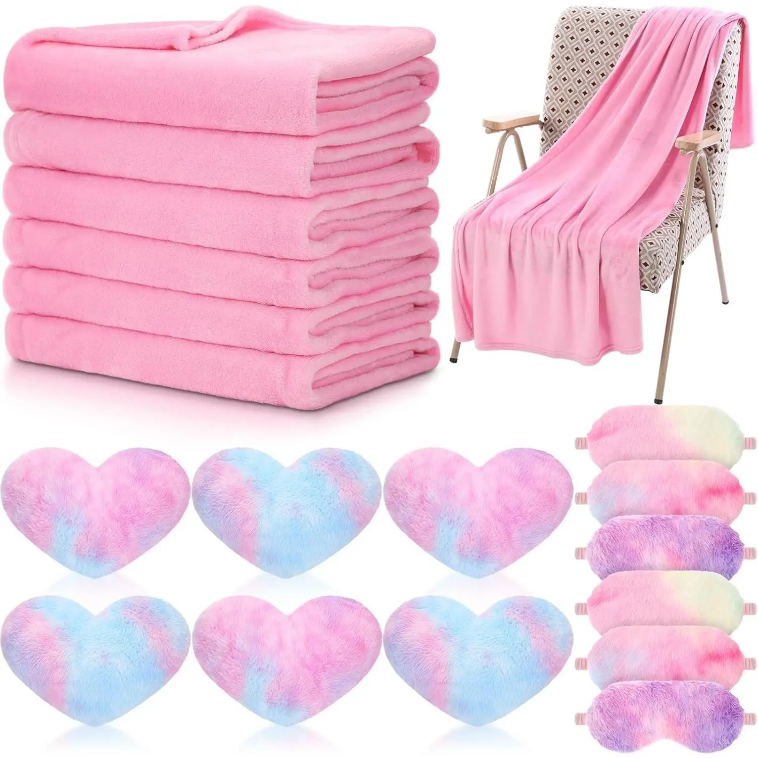18 Pcs Kids Sleepover Party Supplies Set for Girls Fleece Soft Blankets Fluffy Heart Throw Pillow Plush Sleep Eye Mask for Spa Camping Birthday Favors(Light Pink,Rainbow Colors)