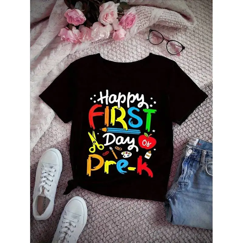 Happy First Day Of Pre-K Boys Girls Back To School T-Shirt Comfy, Breathable Cotton Tee With Colorful Print, Soft Crew Neck, Casual Style For Youngsters' Clothing, Everyday Clothing |   Playful Design |   Quality Fabric Tee, Pre-K School Supplie