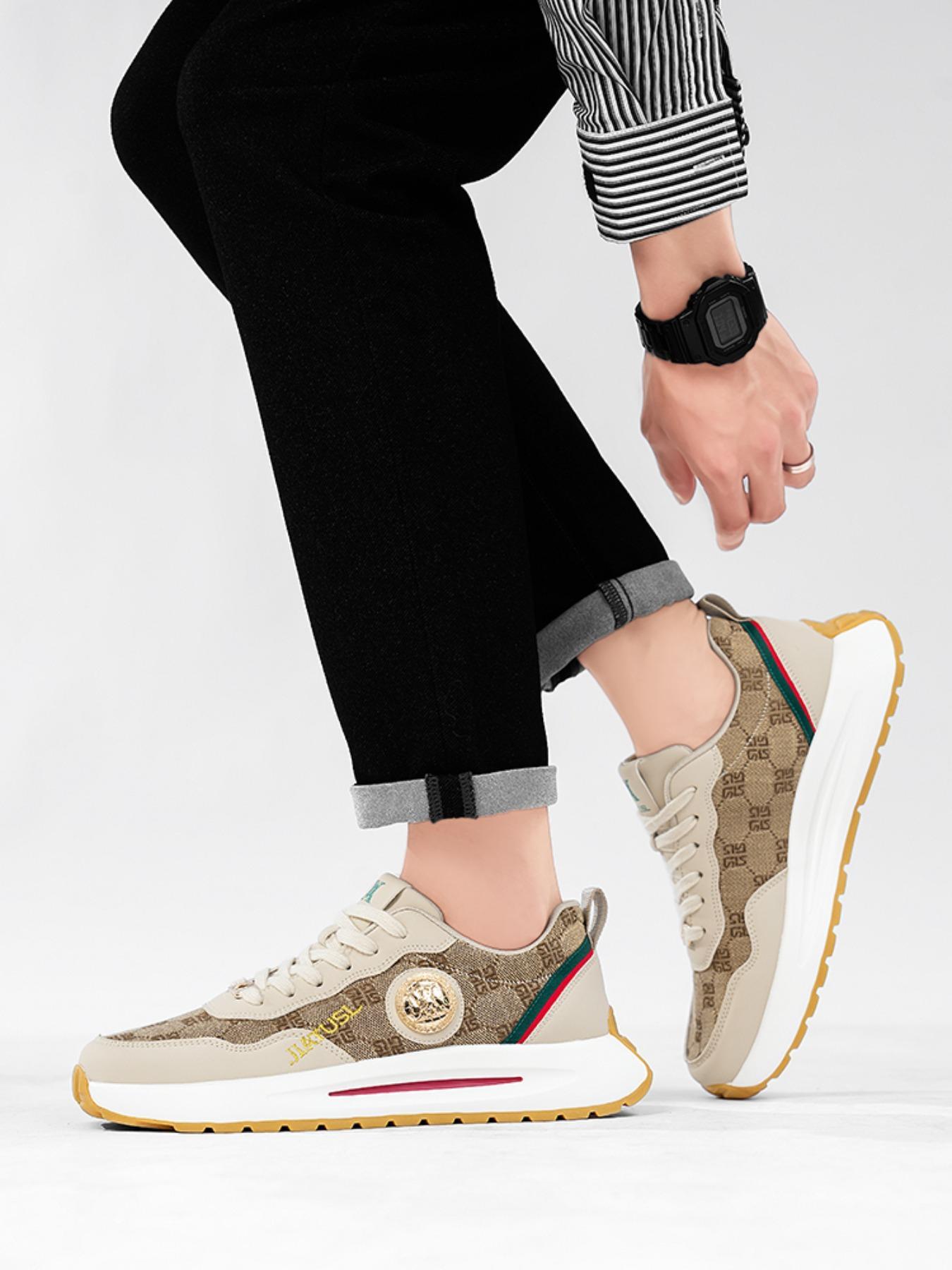 Men's Khaki Luxury-Inspired Chunky Sneakers, Gold Emblem Accents, Retro Monogram Design, Thick Cushioned Sole, Streetwear Casual Shoes for American Trendsetters