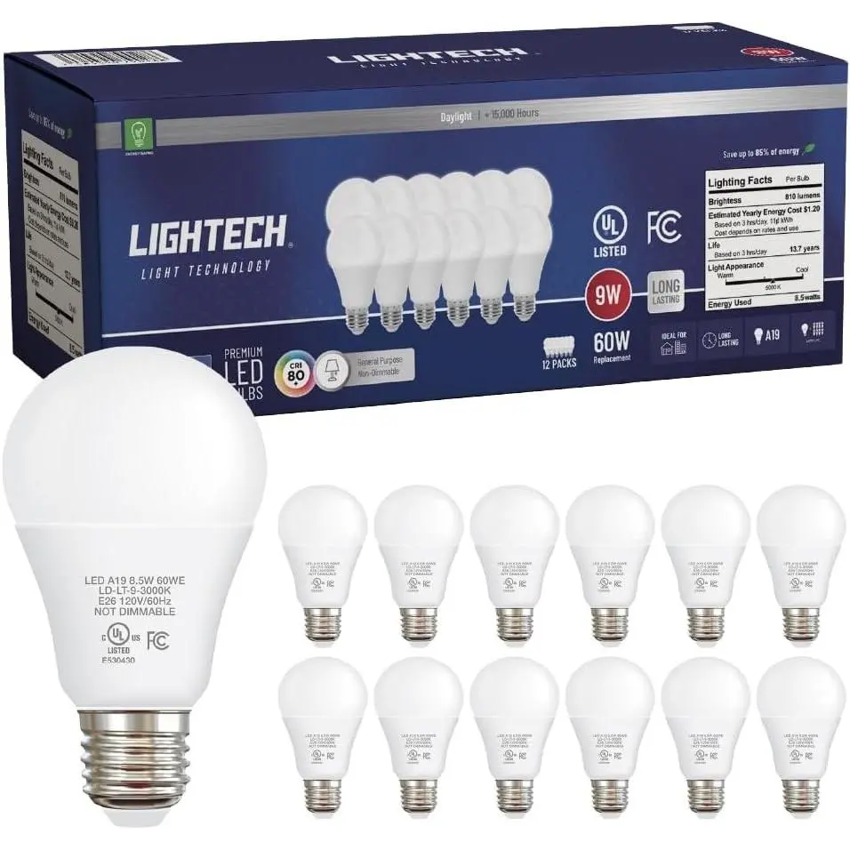 A19 LED Light Bulbs, 12 Pack, 60W Equivalent, 9W Daylight 5000K, 810 LM, Non-Dimmable, E26, UL Listed for Bedroom, Living Room, Office, Garage