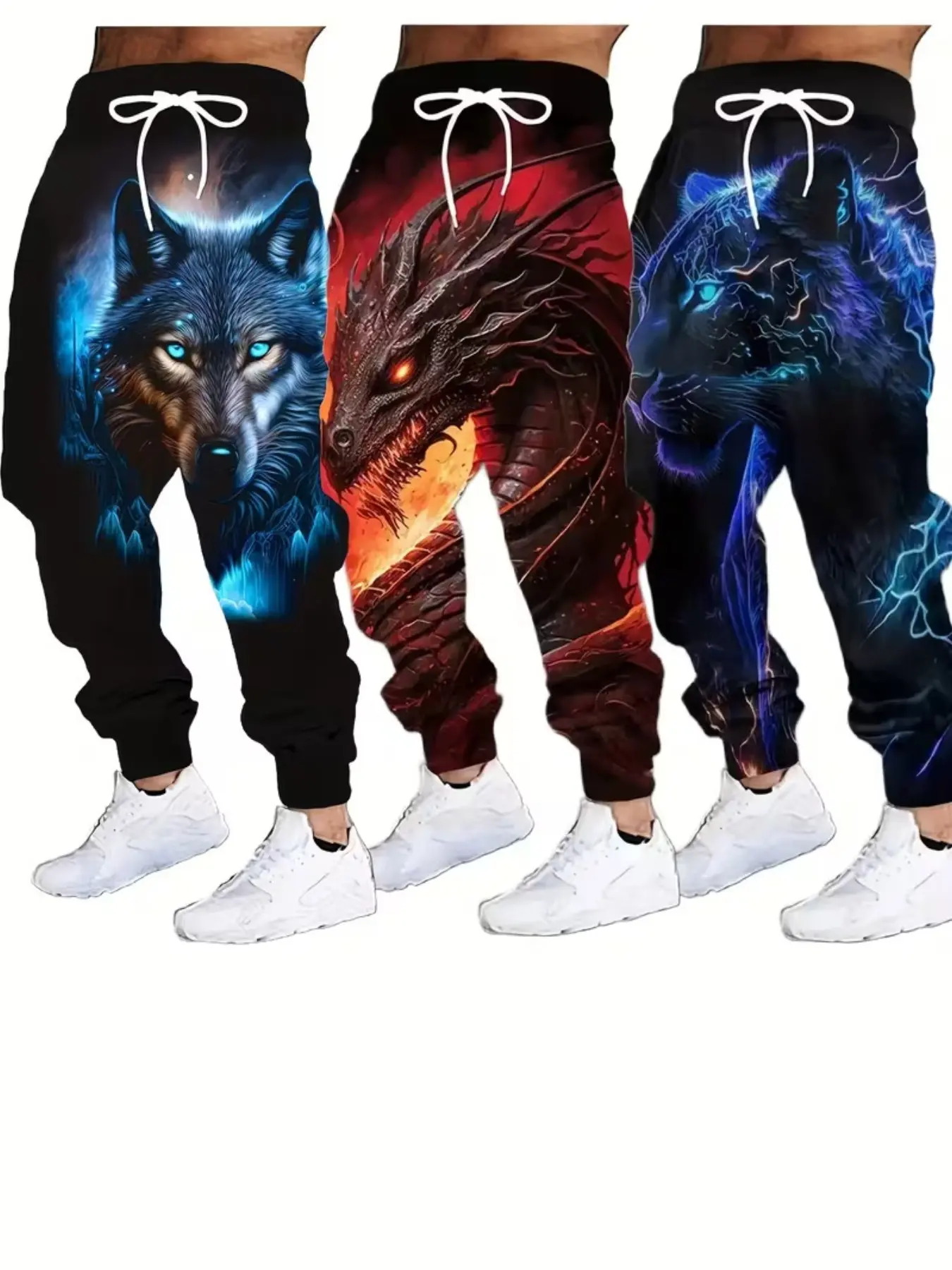 Three-Pack Cyber Beast Animal Print Sweatpants, Drawstring Ankle Pants, Geometric Casual Long Pants, Unisex All-Season Fitted Sweatpants