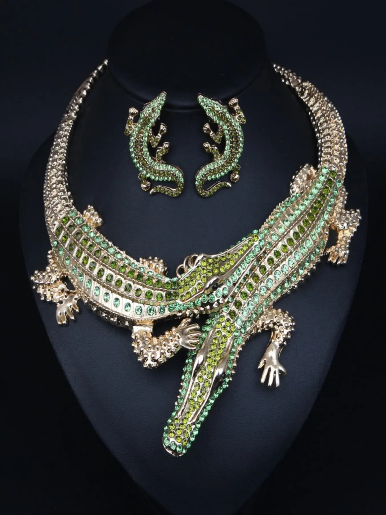 Vintage Crystal Alligator Necklace Earrings Set, Rhinestone Pendant Studs, Stage Performance Halloween Party Jewelry
