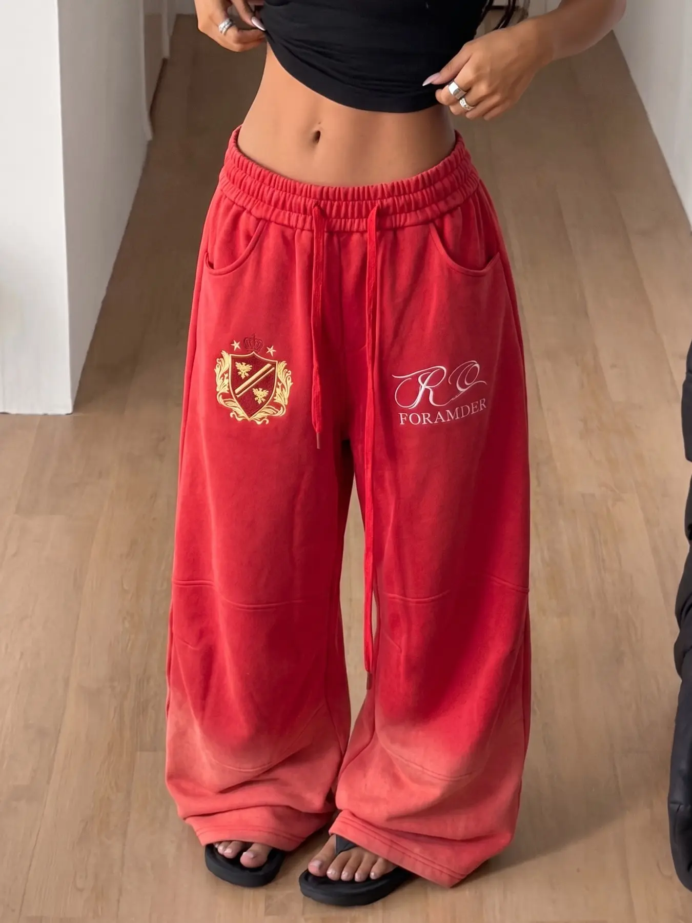 Women's Gradient Embroidered Wide Leg Sweatpants, Adjustable Drawstring Waist, Loose Fit, Pocketed, Y2K Street Style, Casual Winter Pants