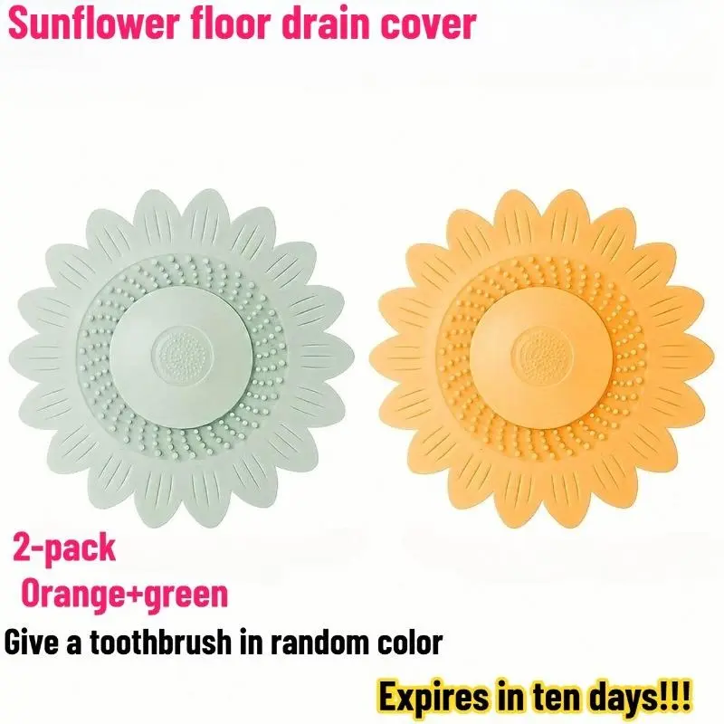 2Pcs Sunflower Shape Drain Filter Covers With Random Color Cleaning Brush Universal Kitchen Bathroom Hair Catcher Pad Block Sewer Odor Prevent Clogging Trap Hair Food Residues Fit Bathtub Sink Wash Basin Household Anti Odor Drain Accessories