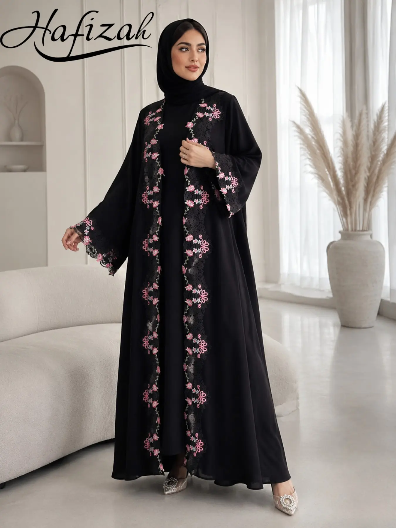 Women's Long Abaya Dress, Embroidered Muslim Elegant Long Skirt, Lace Kimono-Style Open Front, Chic Loose Fit Clothing