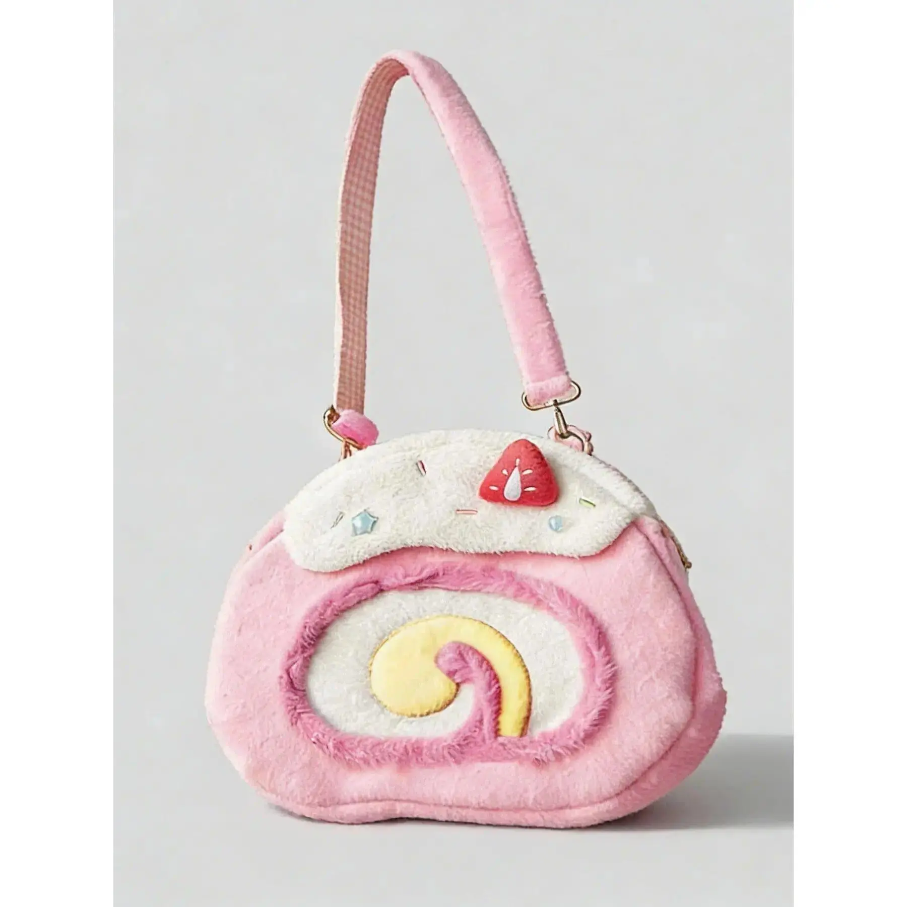 Cute Plush Mini Shoulder Bag for Women, Kawaii Pink Fluffy Crossbody Purse with Strawberry Cake Design, Soft Fuzzy Handbag, Y2K Aesthetic Fashion Accessory, Adorable Small Bag for Girls, Trendy Gift Idea for Birthday, Daily Outfit