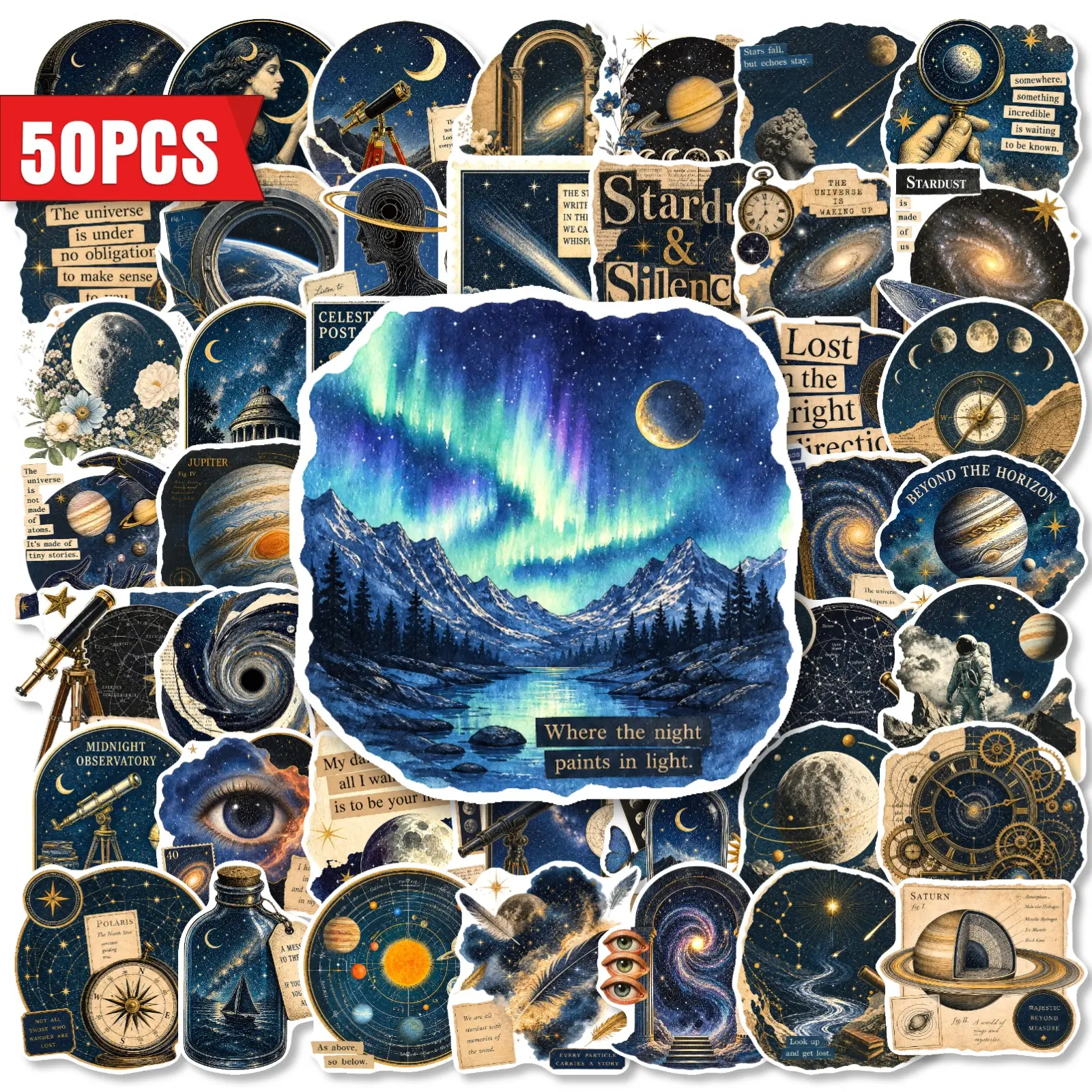 50 Pieces of Vintage Starry Sky and Cosmic Building Themed Stickers, Home Decorative Supplies Suitable for Decorating Scrapbooks, Journals, Laptops, Water Bottles, Cars and More, Creative Birthday Gifts