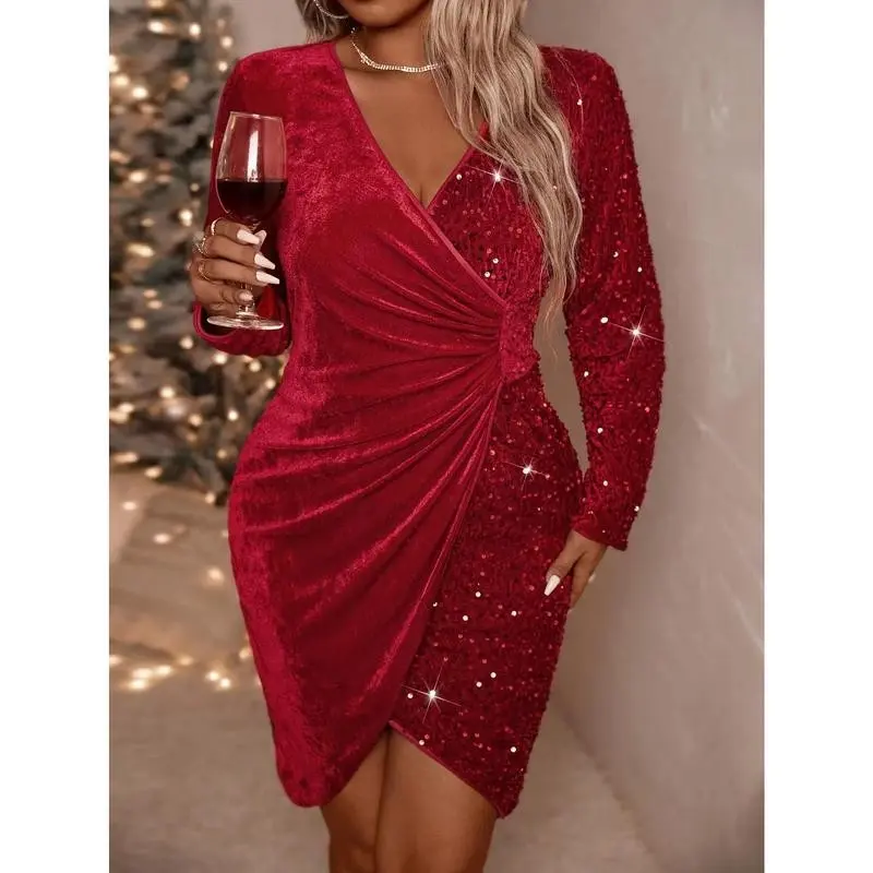 Plus Size - Plus Size - Plus Size, Women'S Plus Size Red Sequin Velvet-Trimmed Long Sleeve Bodycon Dress - V-Neck Elegant Party & Christmas Dress with Stretchy Comfort Fit, Winter Holiday Outfit for Fall/Winter Events, Red Evening Dress For Special O