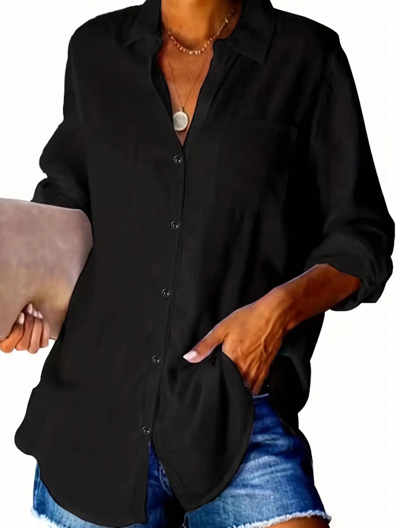 Plus Size Classic Casual Western Style Solid Button Front Shirt, Button Down Shirts, Elegant Long Sleeve Button Up Top for Women, Women's Clothing for Spring & Fall