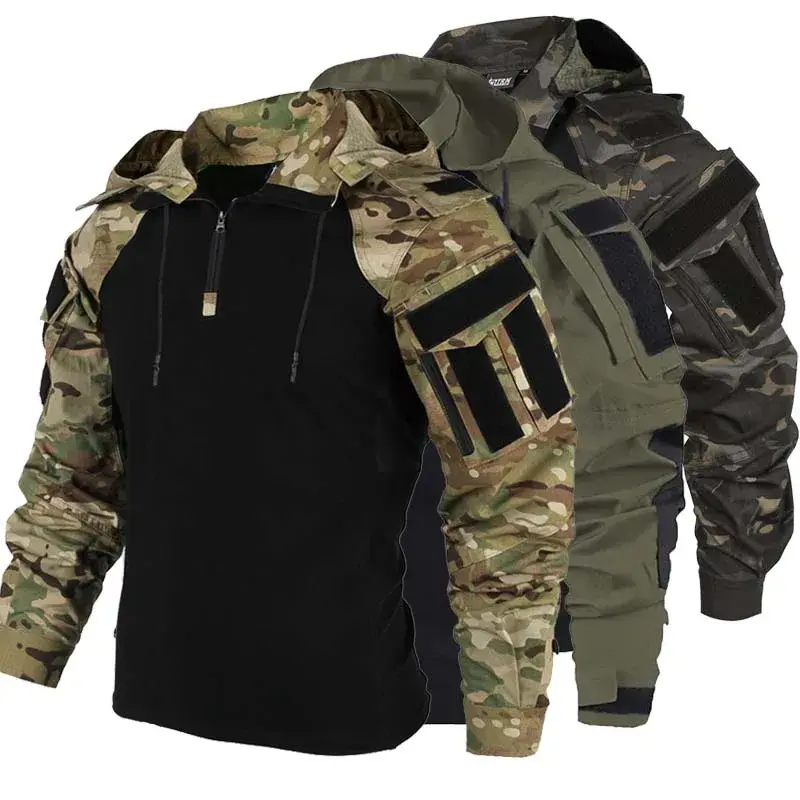 Men's Combat Shirt, Hooded Tactical Long Sleeve Top in Camo Print, Breathable and Quick-Dry for Outdoor Airsoft, Long Sleeve Tops, Breathable Fabric, Combat Look, Outdoor Wear