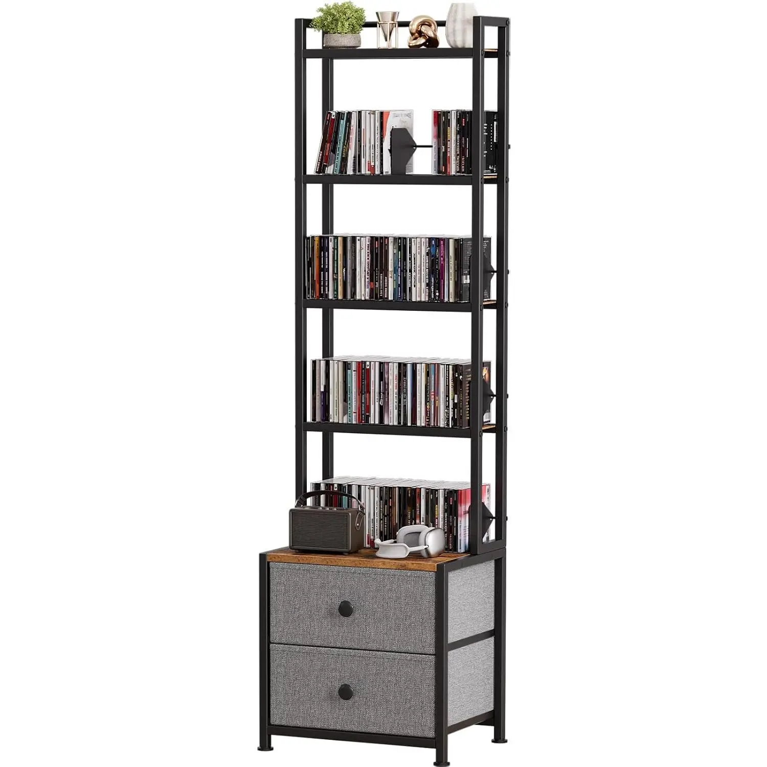 CD Storage Rack with Drawer, 5-Tier Media Storage Shelf | 56.5 in Tall Narrow DVD Shelf Tower, Books Video  Shelfing Unit, Holds 200 CDs for Living  Office Small Space