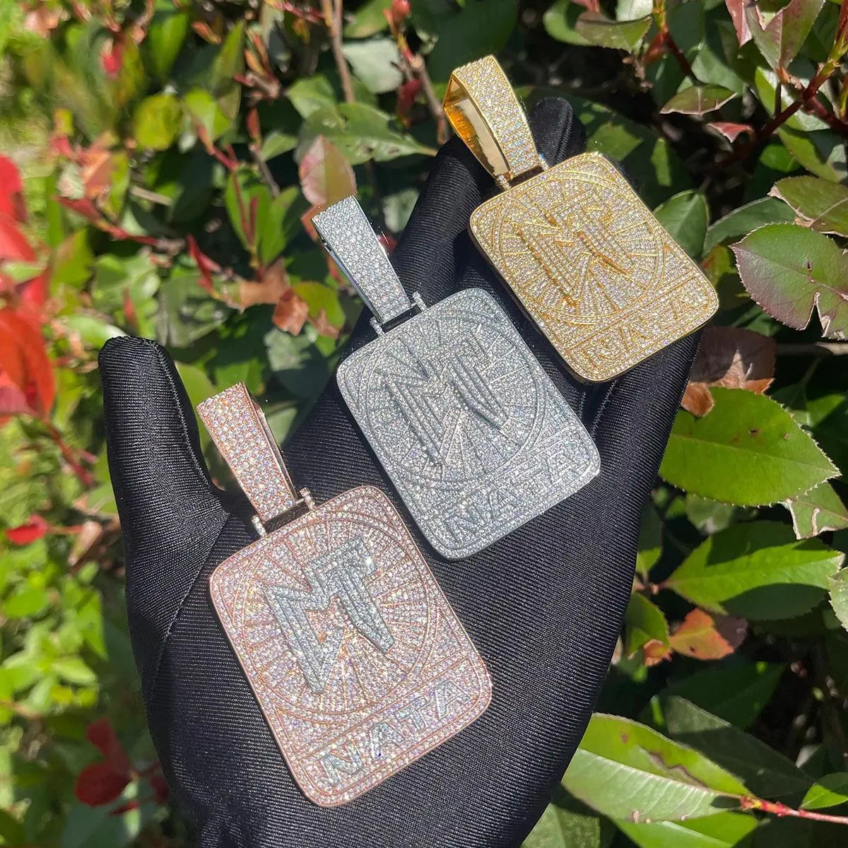 IH Iced Out Custom Monogram NATA Square Pendant Necklace 18K Gold Plated Natural Sri Lanka Zircon Miami Hip Hop for Women Daily Wear Gift