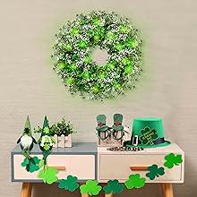St. Patrick's Day 17.7’’ Shamrocks Wreath with 30 Green Lights Artificial Greenery Clover Wreath for Wall, Window, and Indoor Home Decor Ornaments Decoration Deer