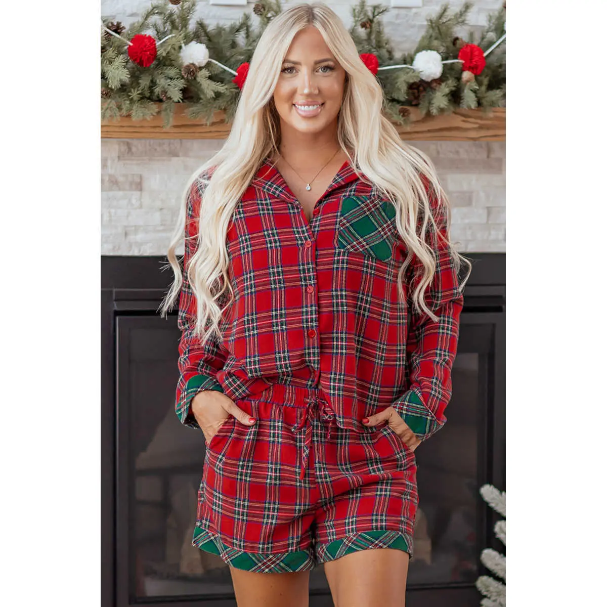 Dearlovers Red Plaid Contrast Patched Christmas Holiday Long Sleeve Shirt and Short 2pcs Pajama Set