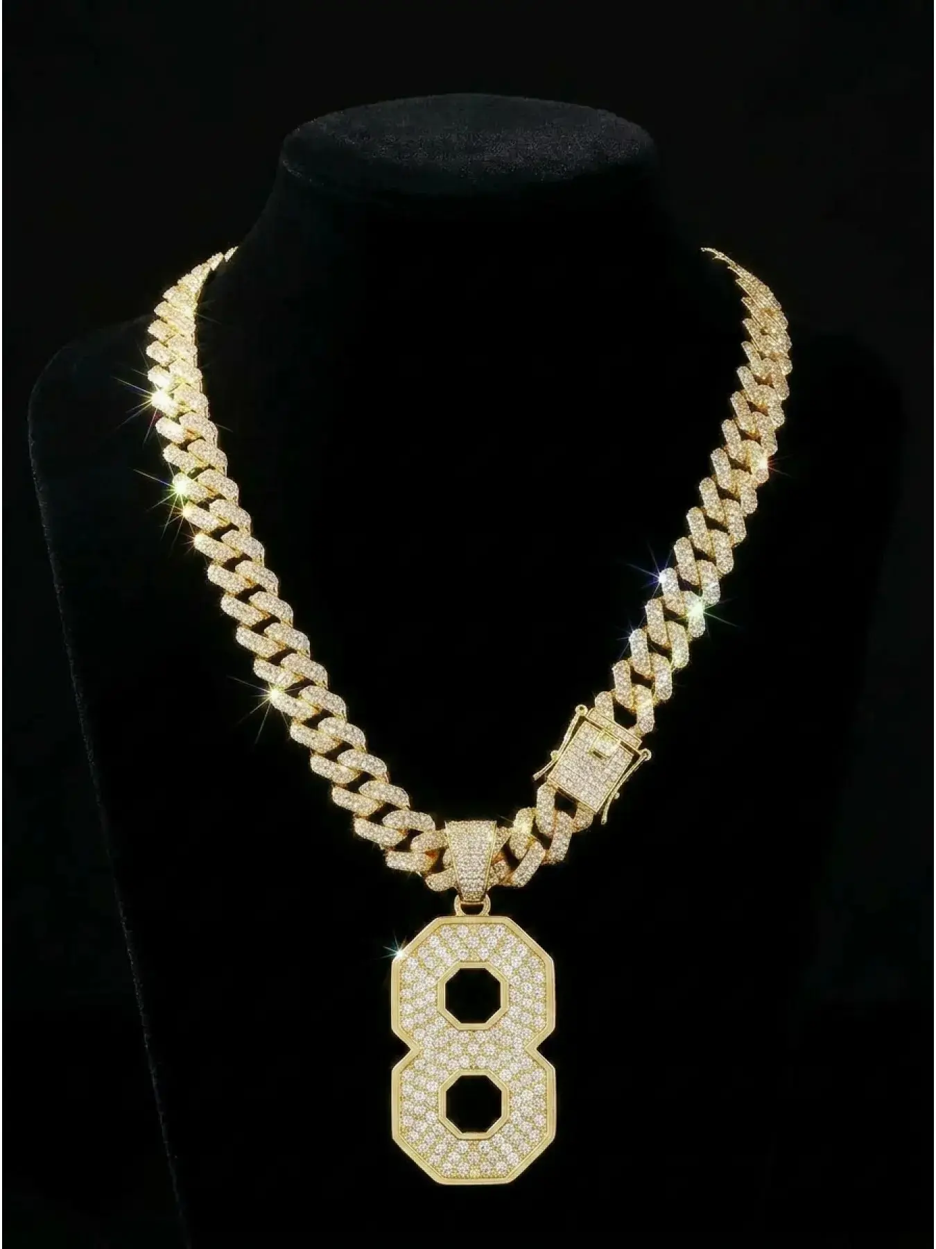 Number 8 Pendant Chunky Necklace for Men, Iced Out Cuban Link Chain, Gold Tone Hip Hop Accessory, Bold Statement Jewelry Gift for Him