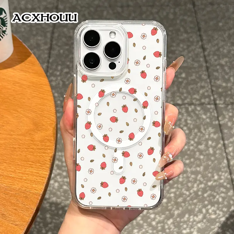 Magnetic Coquette Silicone Phone Case for iPhone 17,16 E Pro Max,15 Plus,14,13,12,11,XS,XR - Pastel Minimal Strawberry Wildflower Print, Shockproof Resistance, Girly Stylish Protection for Smartphone Handheld Cellphone Devices, Casing, Accessories