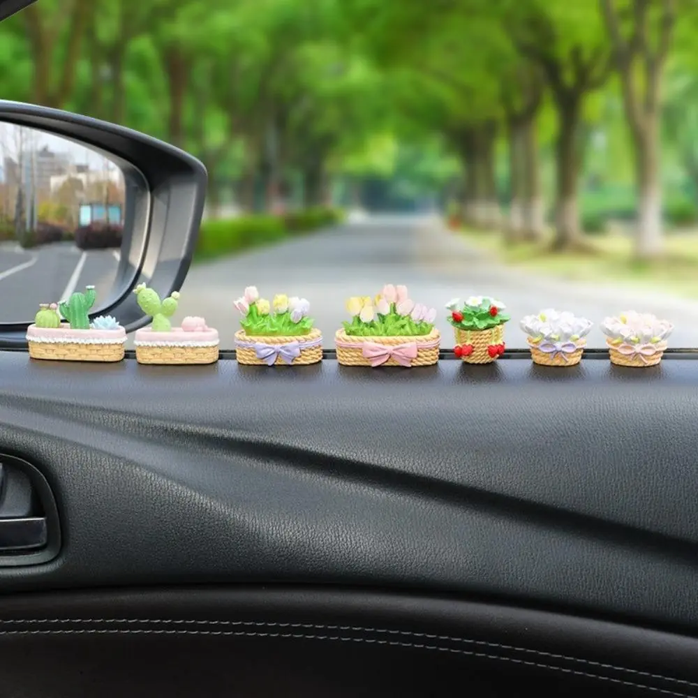 Cartoon Tulip & Succulent Mini Figurines - Cute Plants Car Accessories, PU Leather Non-Slip Center Console Ornaments, Dual-Use Interior & Bedroom Desks Decor, Compact Simulated Statues