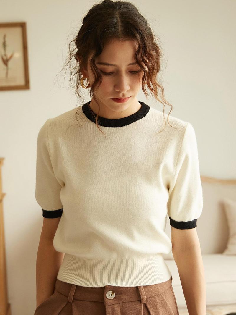Women's French Knit Commuter Top, Colorblock Round Neck Short Sleeve Loose Fit T-Shirt, Casual Summer & Spring Fashion