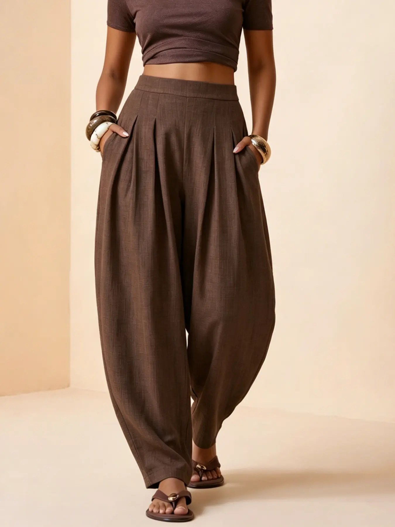 Women's High-Waisted Retro Vintage Brown Casual Pants, Melange Pleated Flared Lantern Pants, Lazy Chic, Commuter Versatile - French Relaxed Fit Slimming Leggings, Suitable for Travel, Home, and Daily Wear