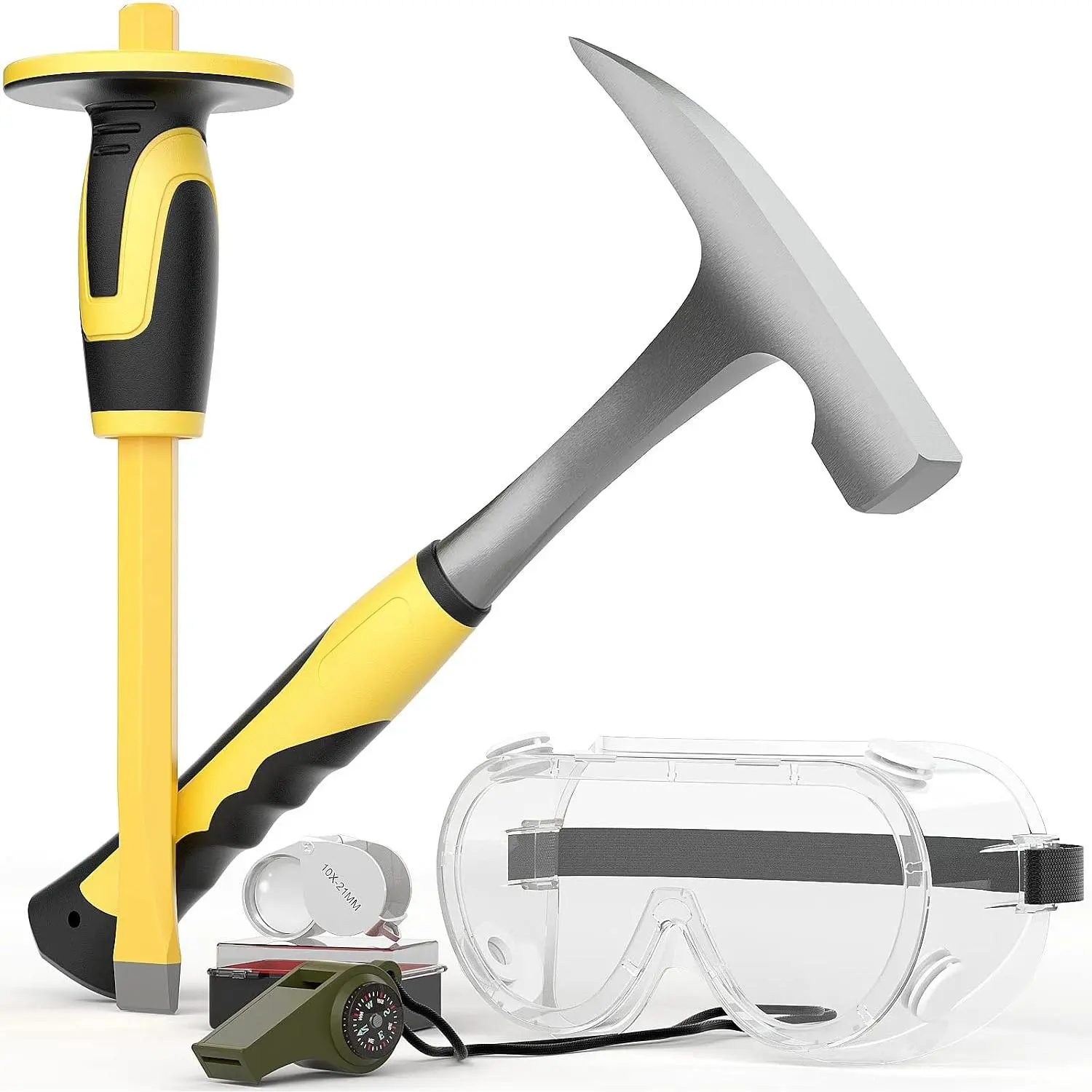 5 count Geology Rock Pick Equipment Kit for  Mining & Prospecting | 32oz Rock Hammer, 12" Mason Concrete Chisel, Safety Glasses, Whistle, Jewelers Loupe, For Rounding, Stone Breaking
