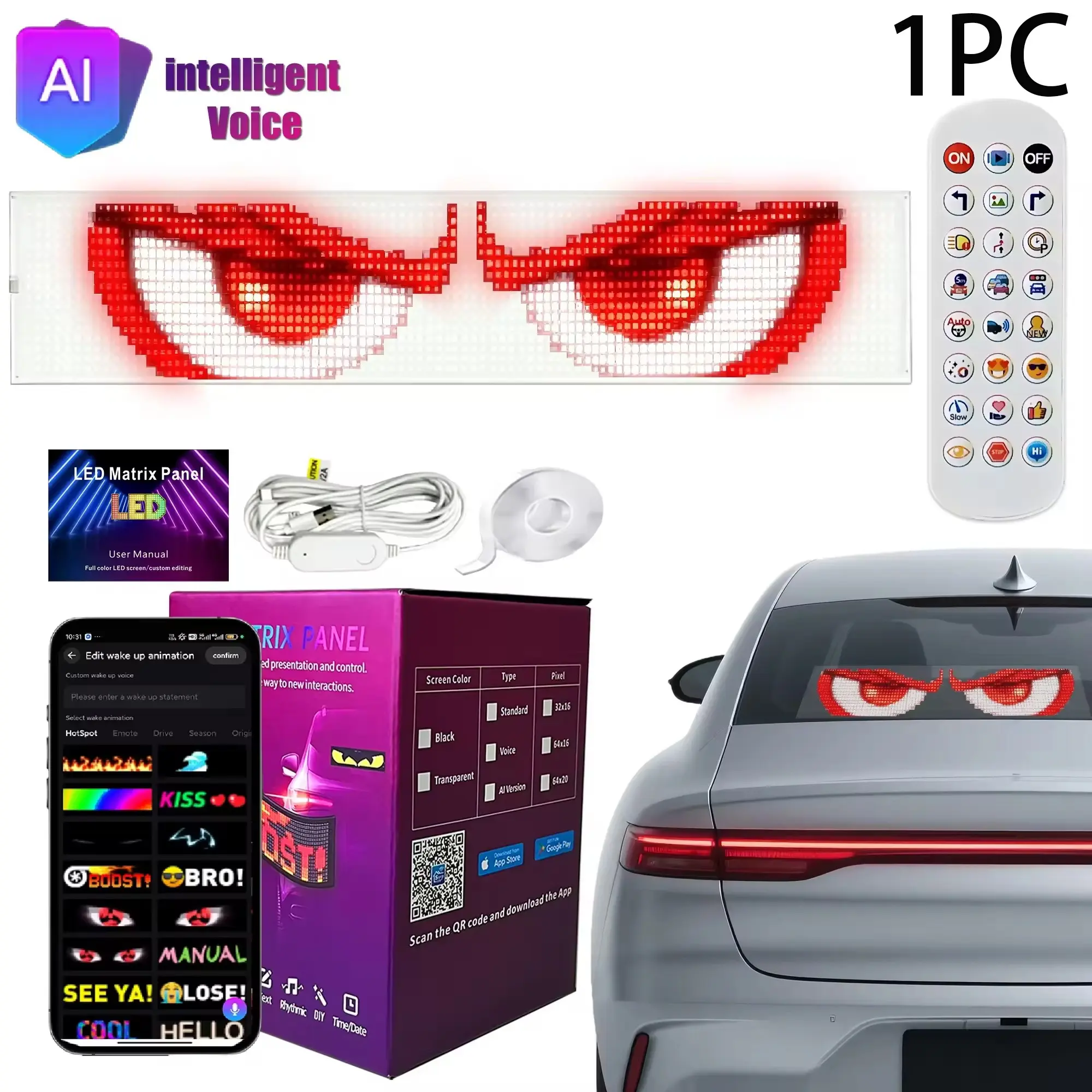 Flexible LED Car Rear Window Sign, Wireless Remote Control Programmable Car LED Display Screen, USB Powered Animated Message Board for Vehicle Rear Windshield