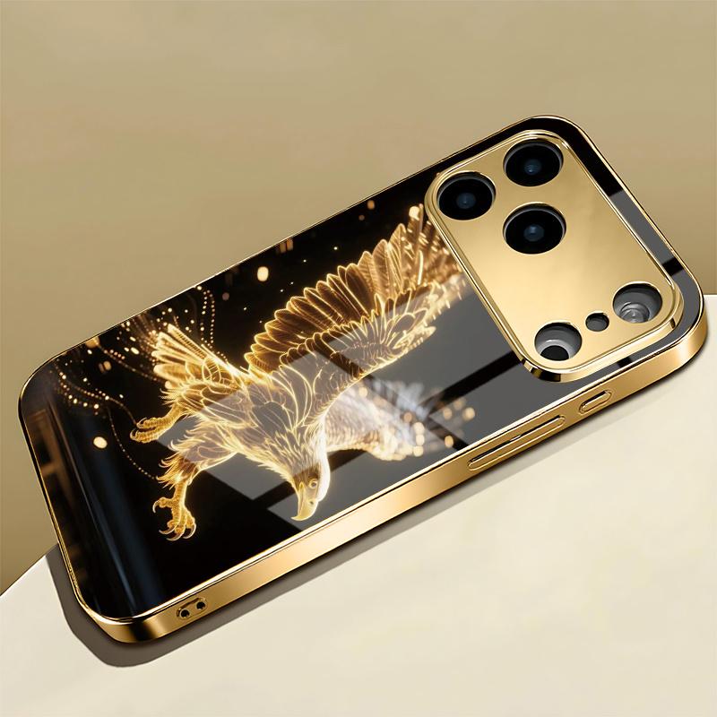 Mobile phone case: Fashionable golden eagle pattern mobile phone case, anti-fall hard case, fashionable electroplated glass.Suitable for iPhone and Samsung iPhone 17 16 15 14 13 12 11 Pro Max and Samsung Galaxy S20 S21 S22 S23 S24 S25 S26 Plus Ultra FE