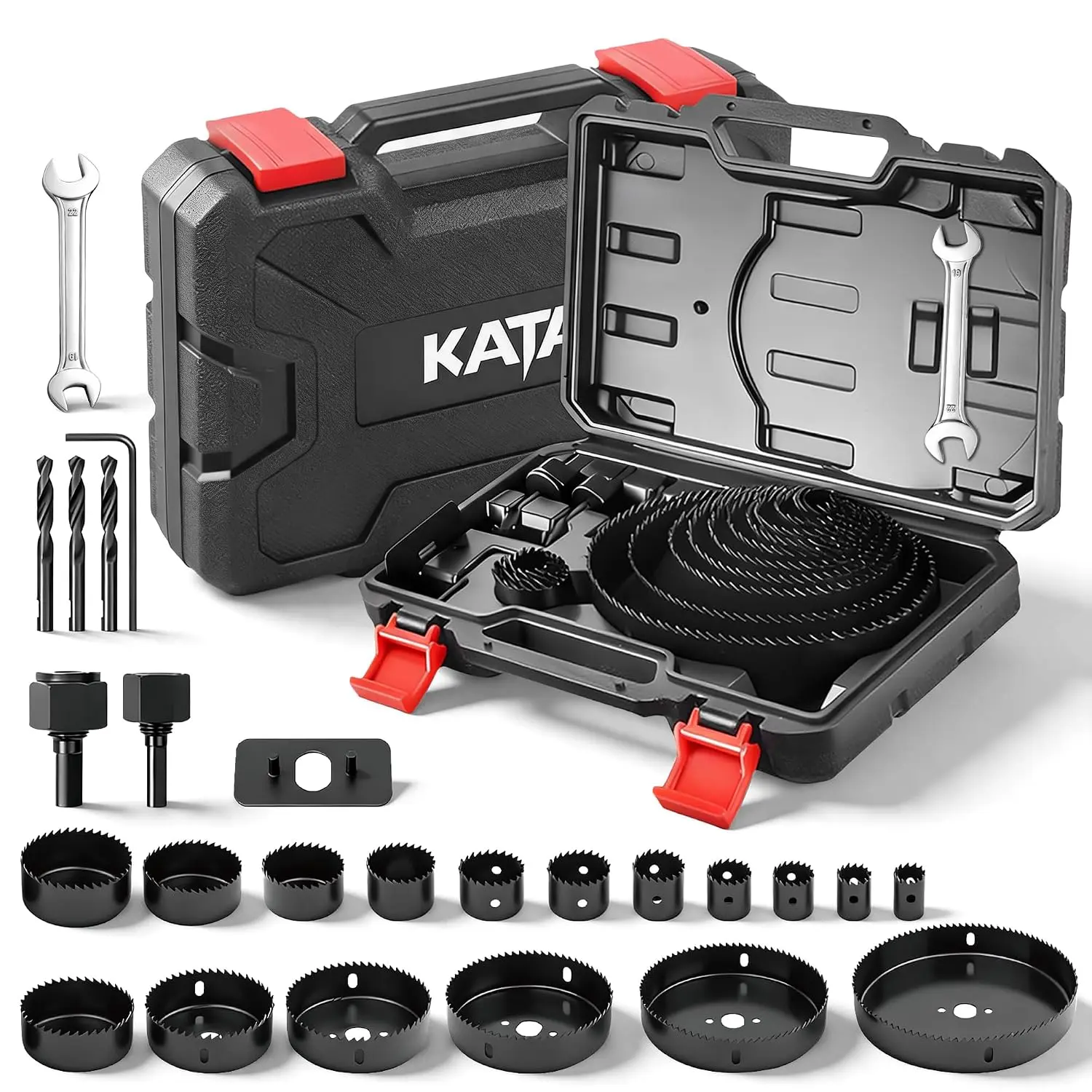 KATA 25 Piece Hole Saw Kit with 3/4"-6" for Wood, Drywall, PVC and Plastic | Carbon Steel Hole Saw Set, Wrench, Mandrels, Drill Bits, Installation Plate, Hex Key and Case for DIY Holes in Soft Materials
