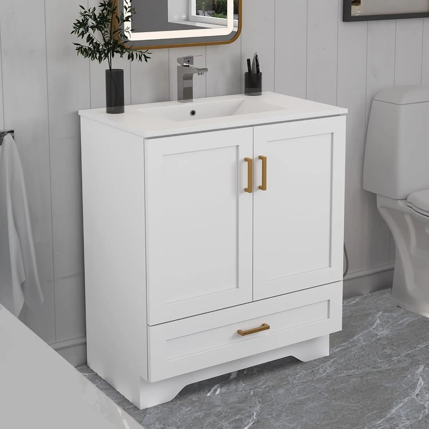 30" Bathroom Vanity with Ceramic Undermount Sink - Freestanding 2-Door & 1-Drawer Storage Cabinet, White
