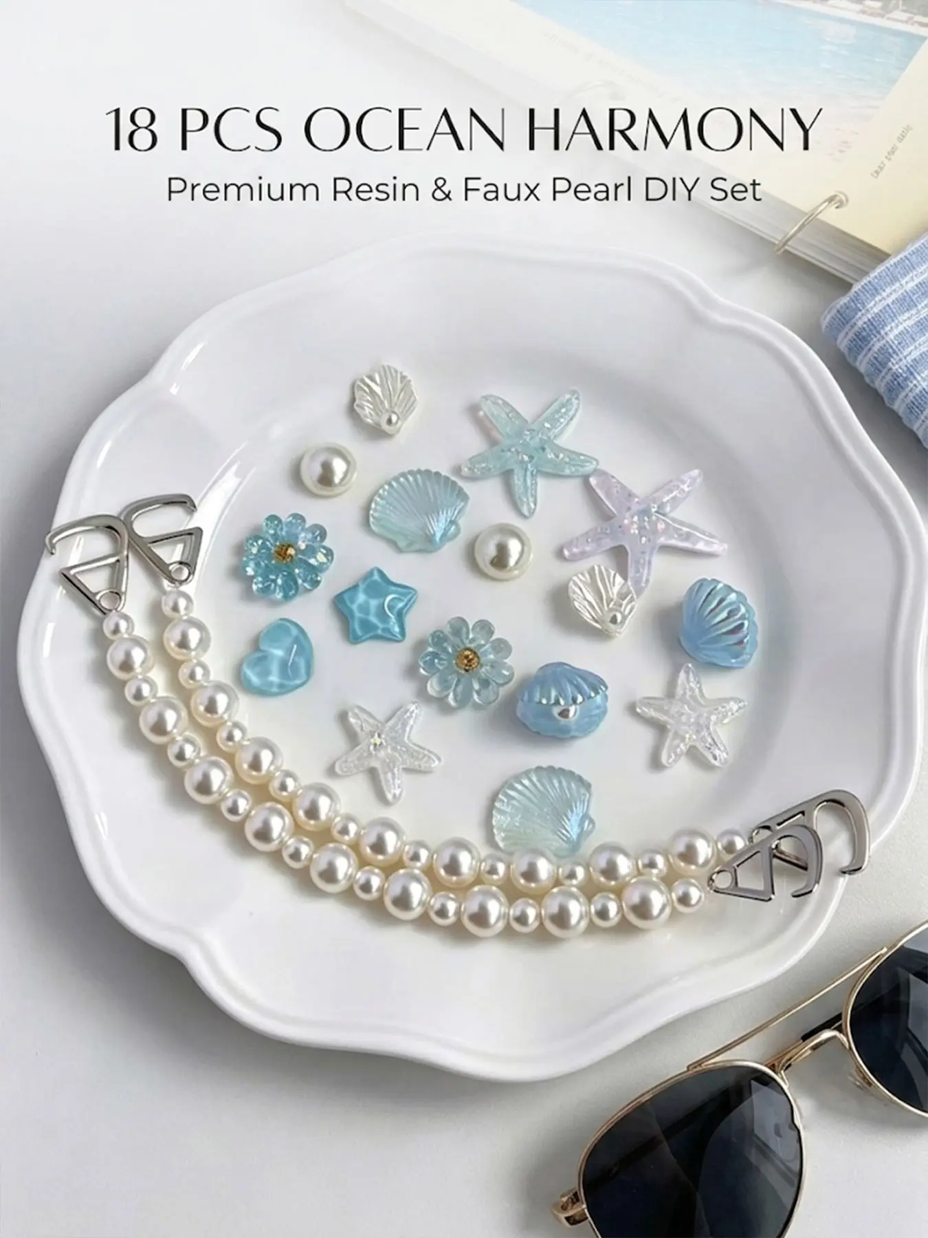 18pcs Ocean Glazed Pearl Charm Set, Luxury Dual Chain, Summer Beach Aesthetic, DIY Decoration for Bags, Wristbands, Crafts