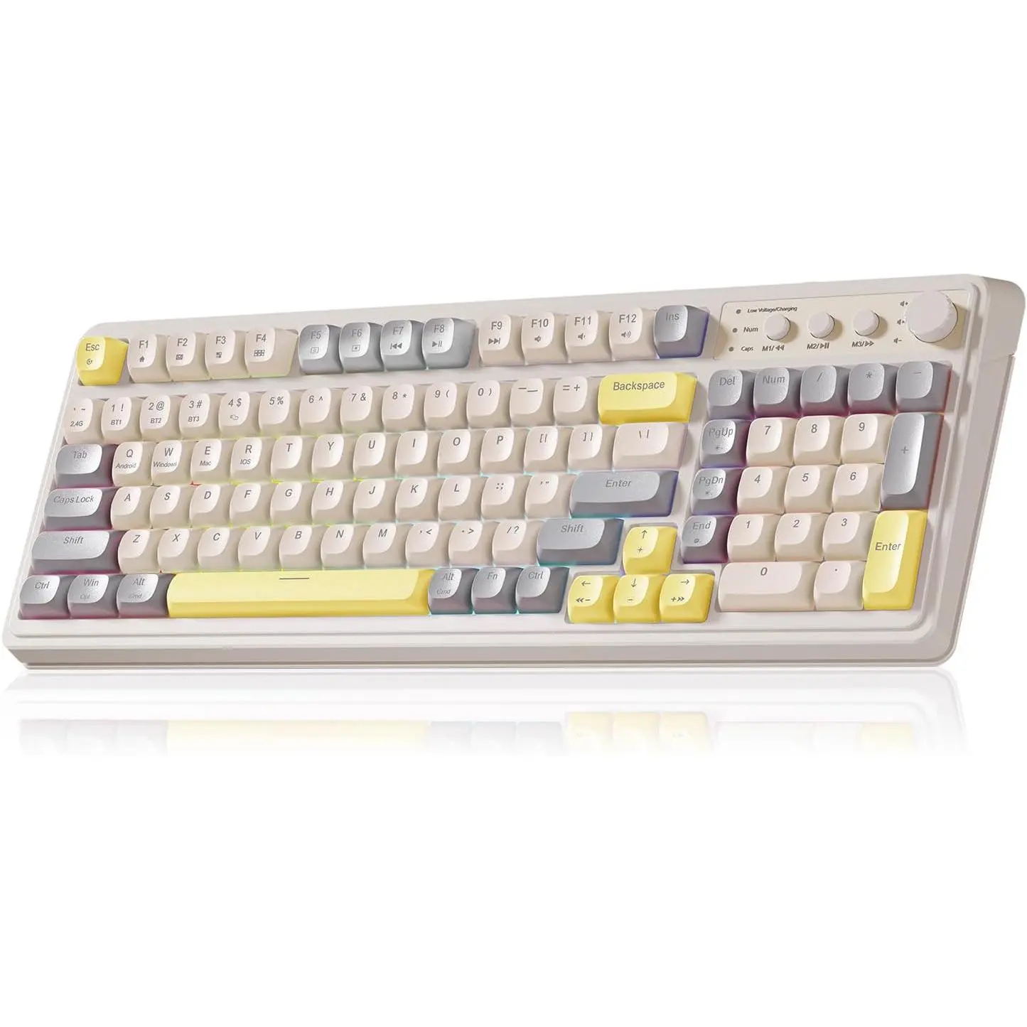 S99 Gaming Keyboard,   Keyboards,  Creamy Keyboard Full Size Cute Backlit Media Knob Programmable Tri-Mode /2.4GHz/USB-C Keyboard for PC Gamer - Grey & Yellow