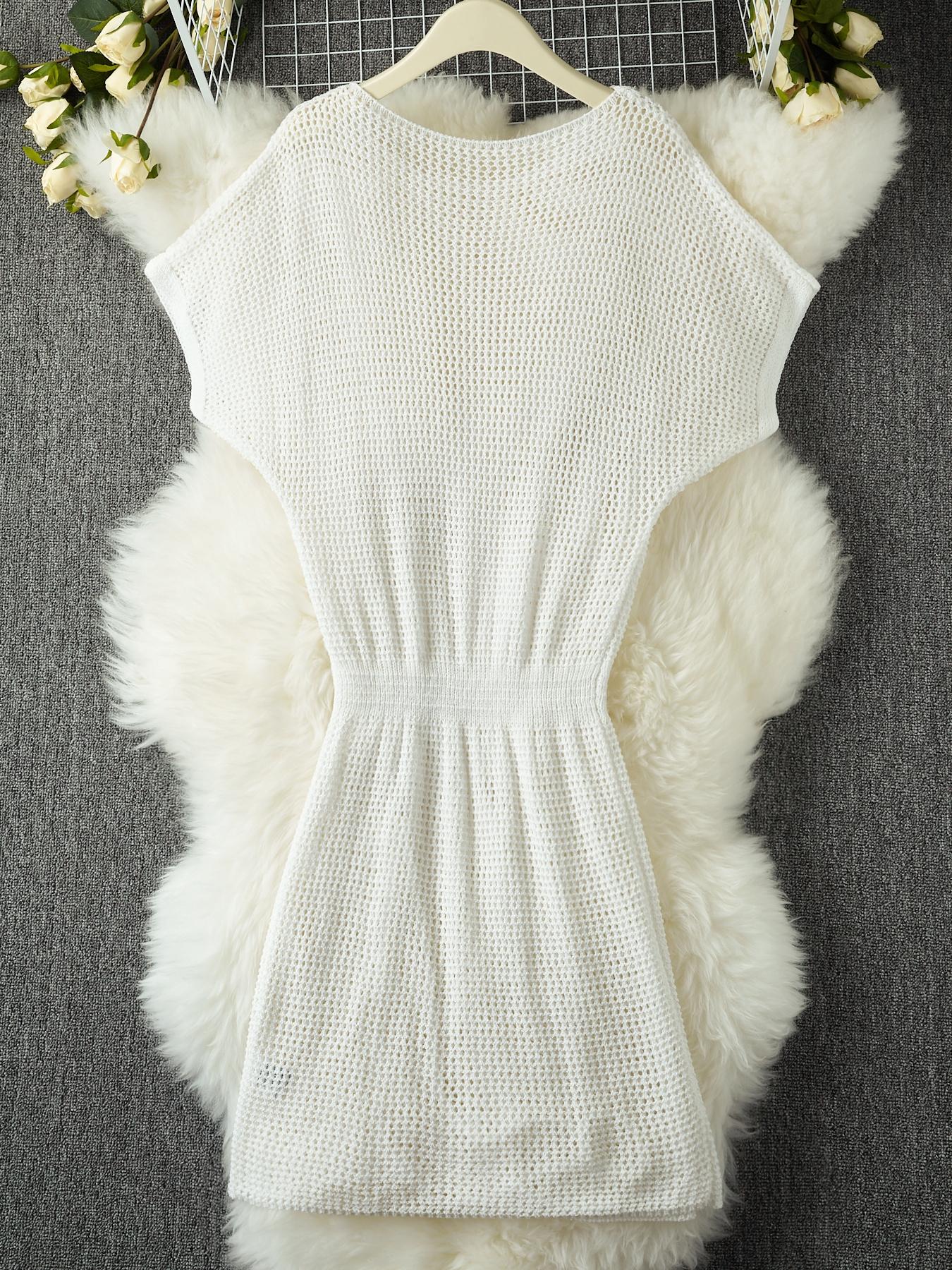 Women's Solid Color Hollow Out Knit Sweater Dresses, Casual Fashion Round Neck Drawstring Dresses, Ladies Summer Clothes for Daily Wear, Womenswear