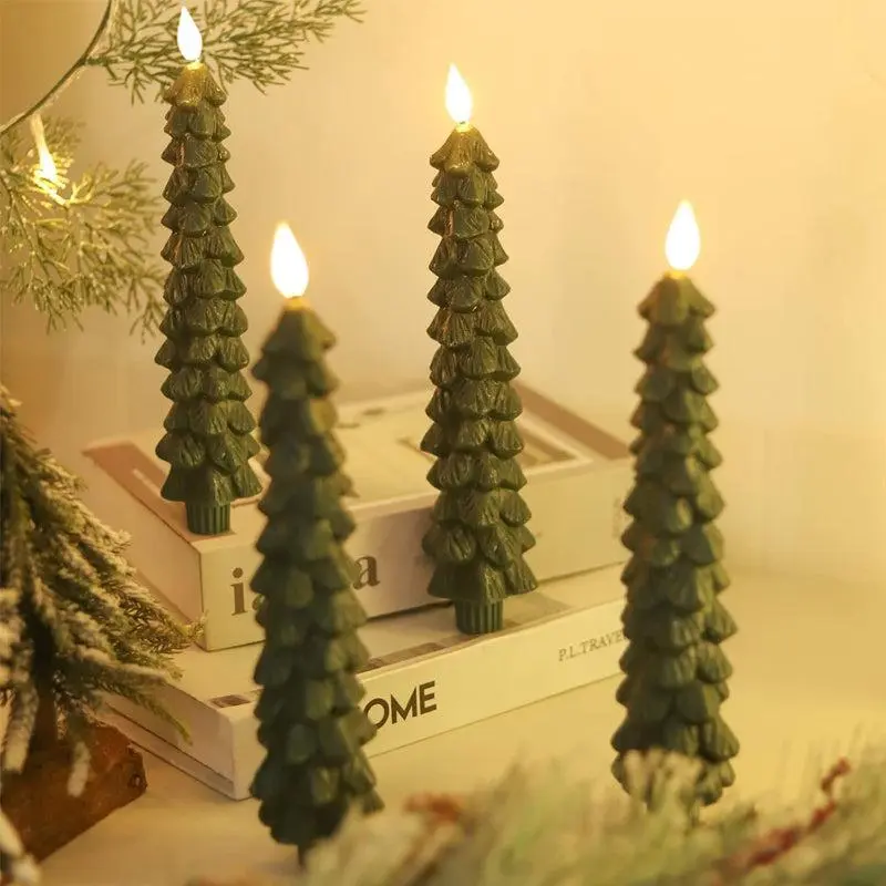 4PCS Christmas Tree Flameless Taper Candles candlesticks Remote Timer | Green, Christmas Tree Candlesticks, Battery Operated Led Candle, Christmas Home Winter Decoration
