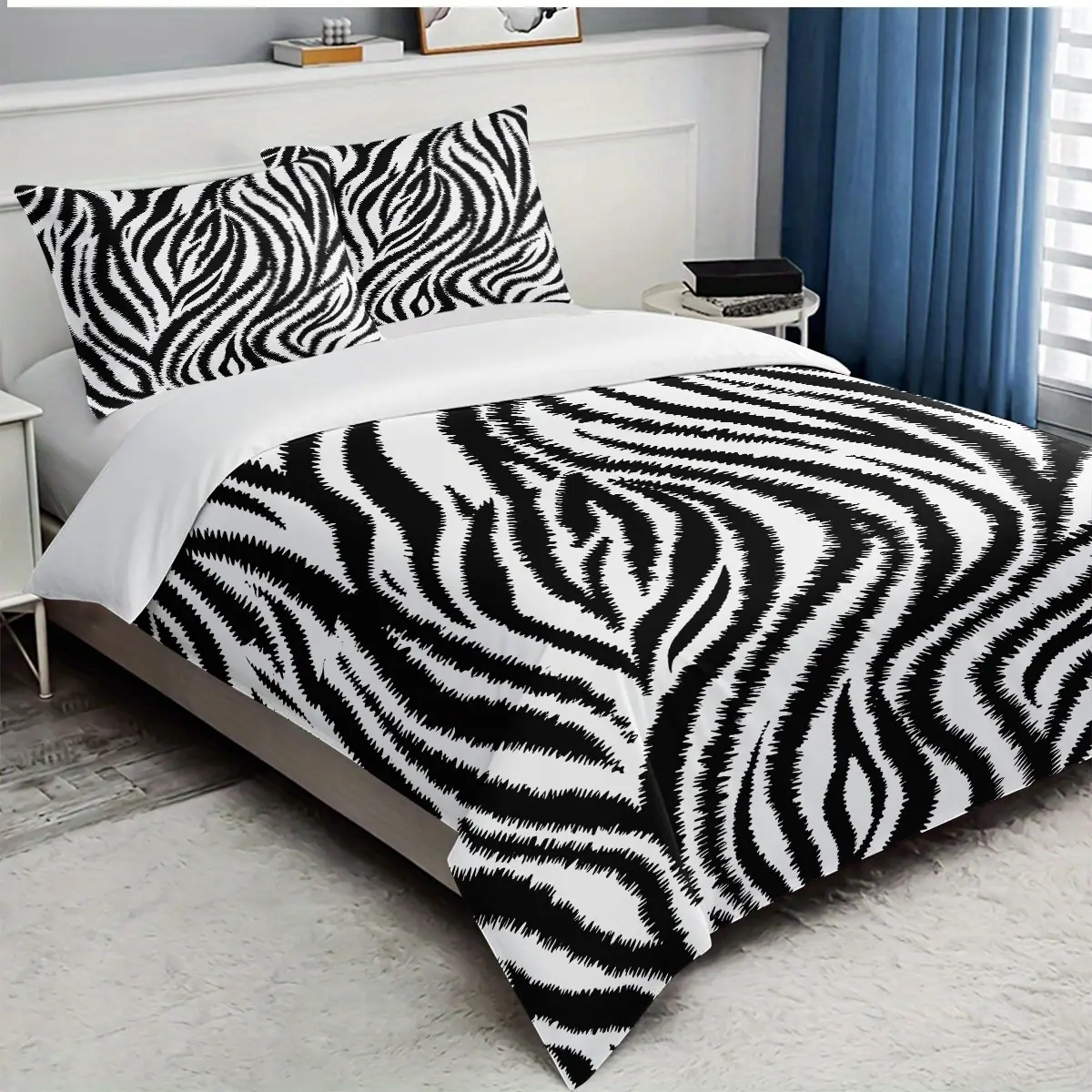 3 pieces of black and white zebra pattern printed quilt cover set, Printed bedding set, including quilt cover and 2 pillowcases (no duvet insert), suitable for bedrooms, guest rooms, available in different sizes, machine washable