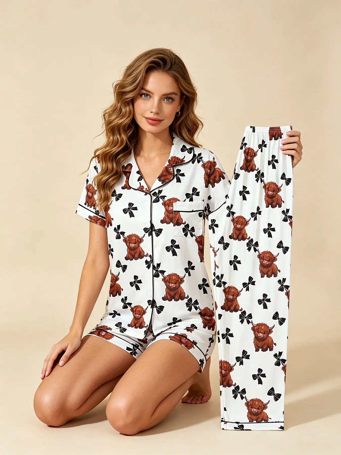 Women's 3-Piece Pajama Set, Casual Pajamas Set, Short Sleeve Top, Shorts & Long Pants, All Seasons Wearable, White Highland Cow Print, Black Binding, Lazy Stay-Home Style, Loose Fit for Daily Lounge, Casual Sleepwear Set