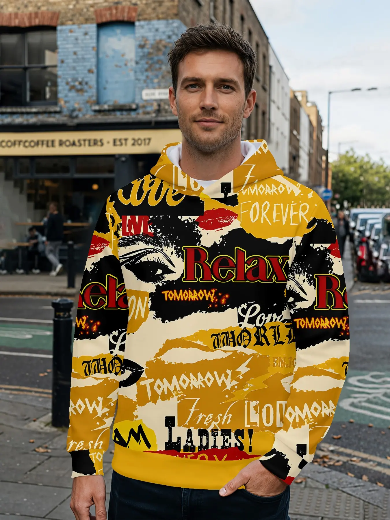 Men's 3D digital print hoodie featuring retro letter street-style portraits with yellow-black graffiti lip prints all over the garment. The all-over print design stands out brilliantly for daily street looks and music festival outfits, making it an ideal