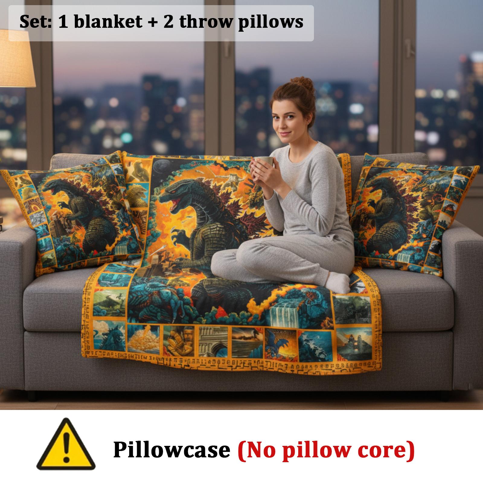 Monster Theme Viral Flannel Blanket and Throw Pillow Cover without Pillow Core Set – Home Decor Set for Monster Movie Fans,Perfect Gift for Kaiju Fans,Trendy Sci-Fi Home Decor Bundle for Bedroom