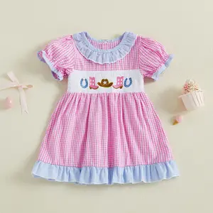 Meihuida Toddler Baby Girl Dress Puff Sleeve Western Theme Embroidery Smocked Plaid Ruffle Dresses Summer Clothes Farm Outfit