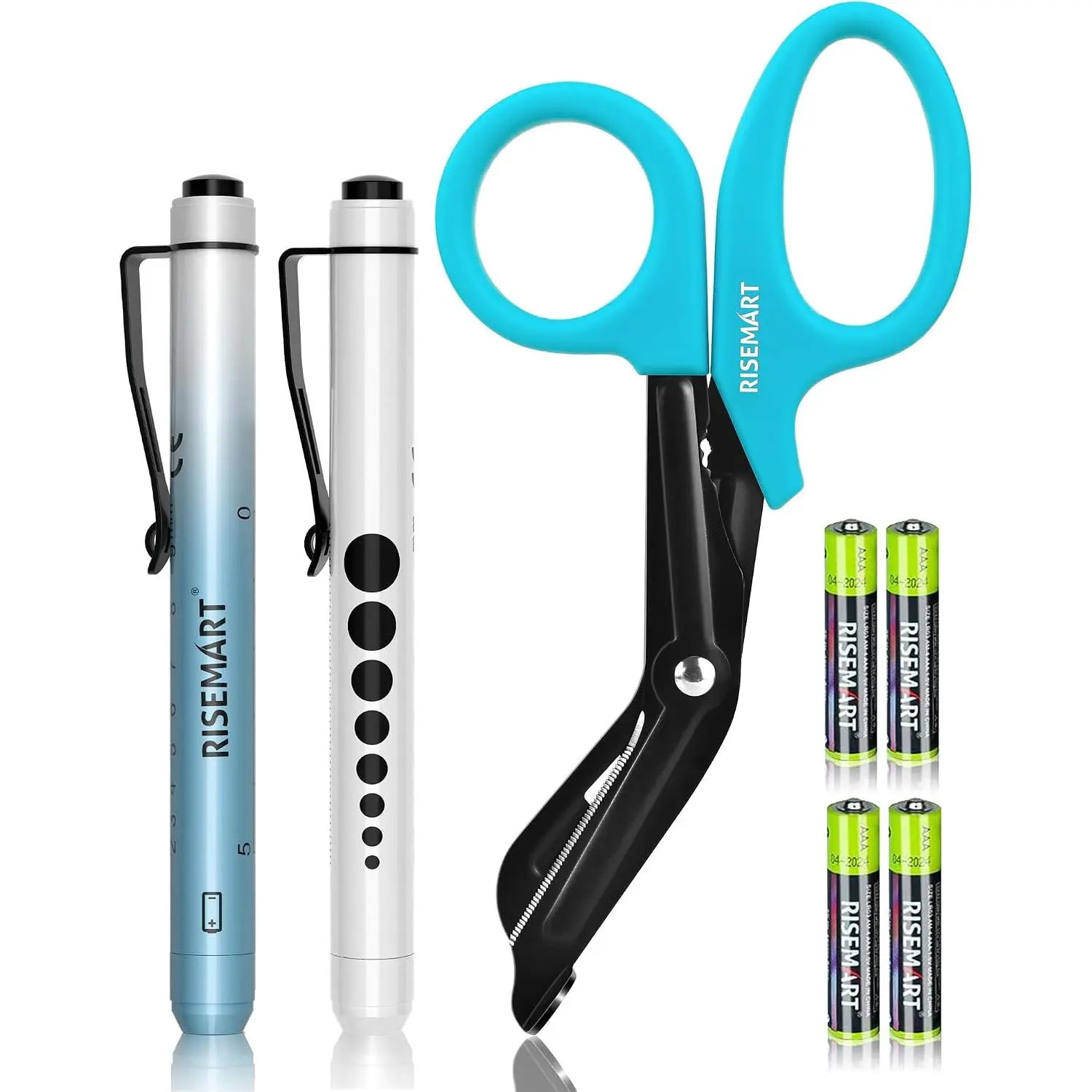 3 Pack Medical Scissor & Pen Lights with 4 Batteries for Nurses | 7.5'' Fluoride Coated Non-stick Blades Bandage Scissors, 2 White Light LED Penlights with Pupil Gauge, 4 AAA Batteries