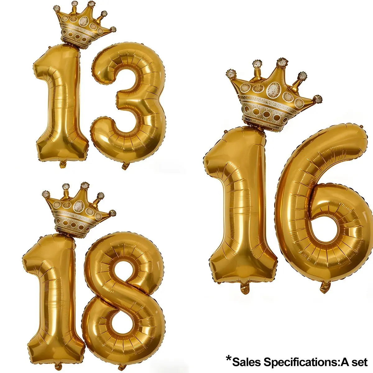 Golden digital balloons 13/16/18 with golden crown balloons and glue, 4 pieces in total, suitable for gold themed happy birthday party decoration, 13/16/18 birthday party supplies, suitable for boys and girls Foil Balloons