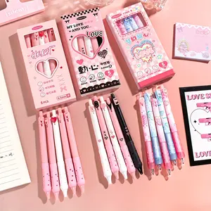 1 box of 5 LOVE series press-type black gel pens, suitable for office and study, fine writing tools, can be used as holiday gifts, Christmas gifts, Halloween gifts, New Year gifts
