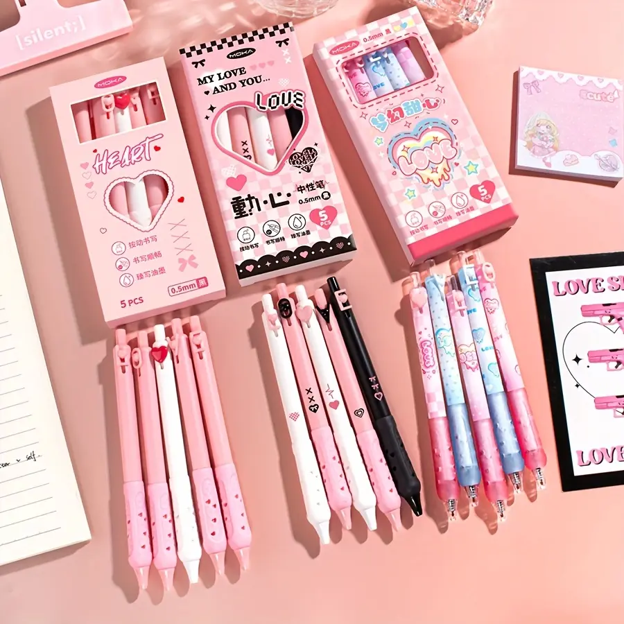 1 box of 5 LOVE series press-type black gel pens, suitable for office and study, fine writing tools, can be used as holiday gifts, Christmas gifts, Halloween gifts, New Year gifts